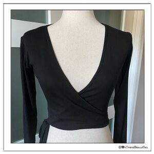 Women's Black V Neck Wrap Around Tie Top